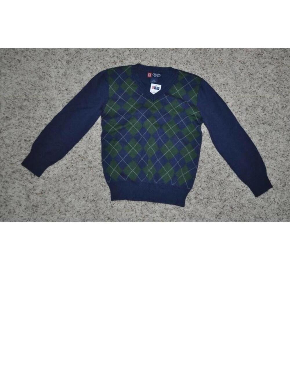 Boys Christmas Sweater Chaps 4 Blue Green Argyle Long Sleeve V-Neck